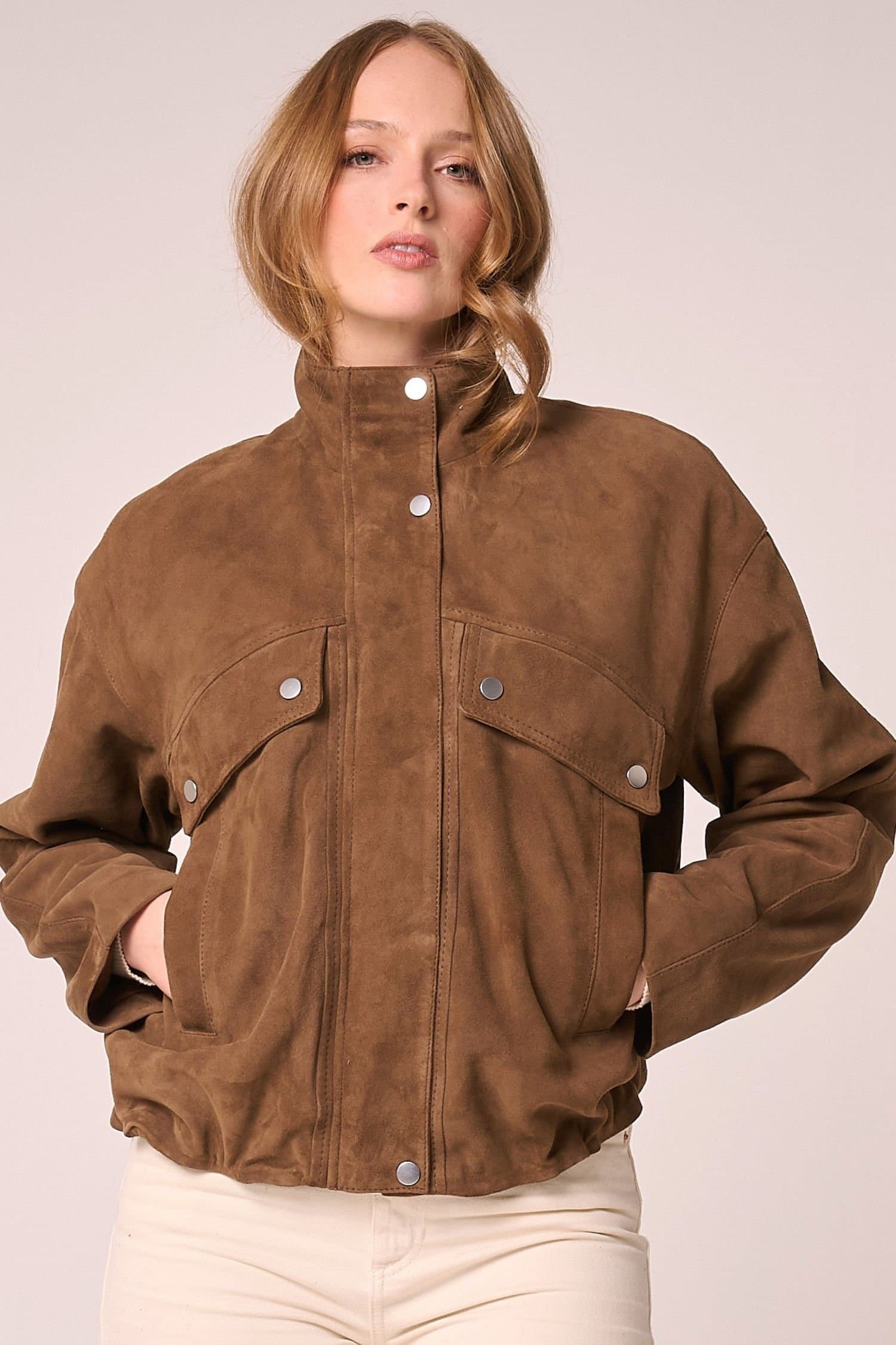 Barneys Originals Barneys Originals Light Brown Suede Funnel Neck Bomber Jacket