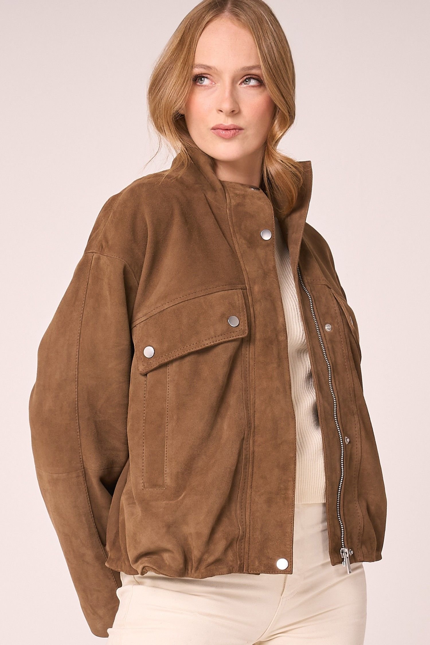 Barneys Originals Barneys Originals Women's Real Suede Funnel Neck Bomber Jacket in Light Brown - 2
