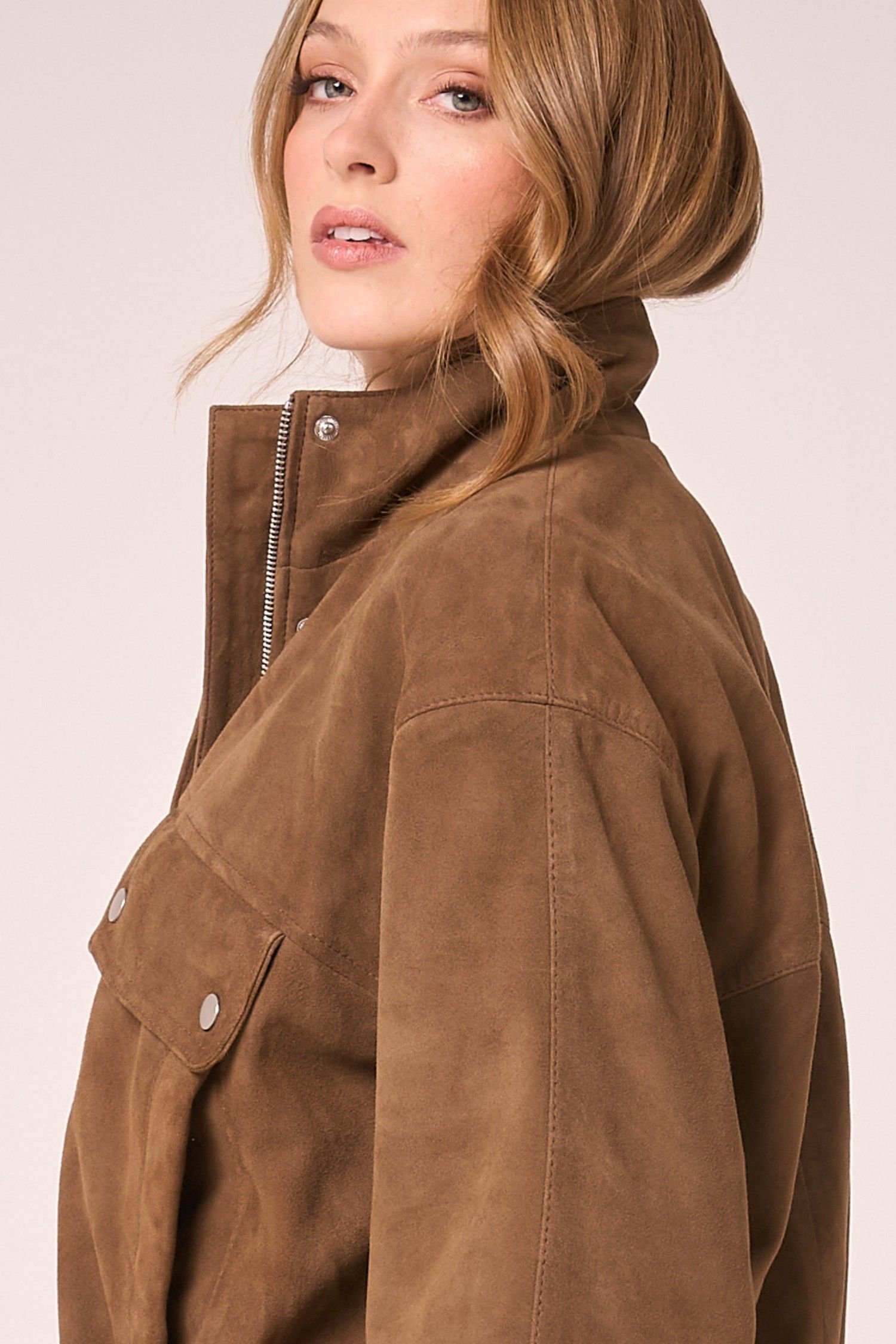 Barneys Originals Barneys Originals Women's Real Suede Funnel Neck Bomber Jacket in Light Brown - 3