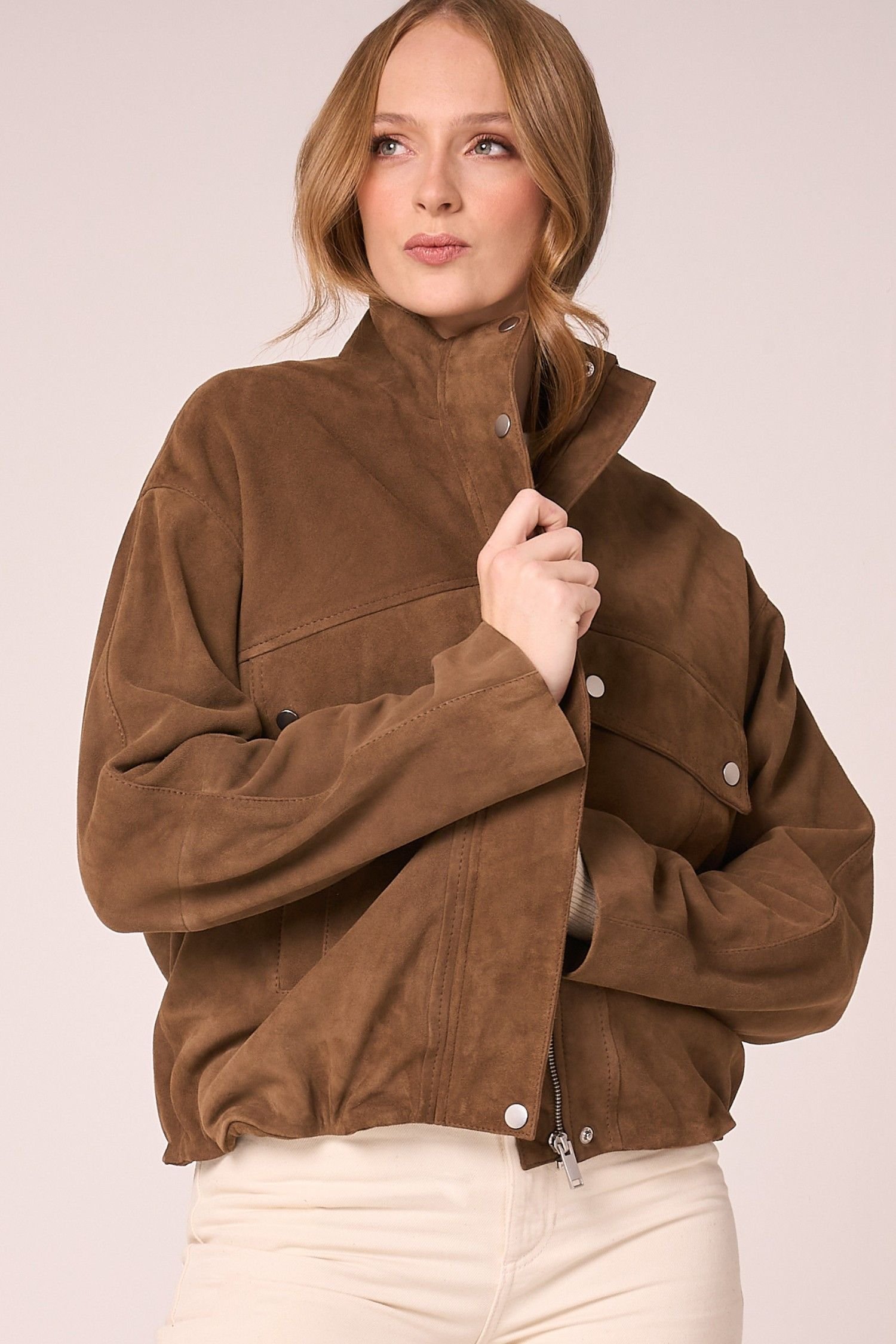 Barneys Originals Barneys Originals Women's Real Suede Funnel Neck Bomber Jacket in Light Brown - 4