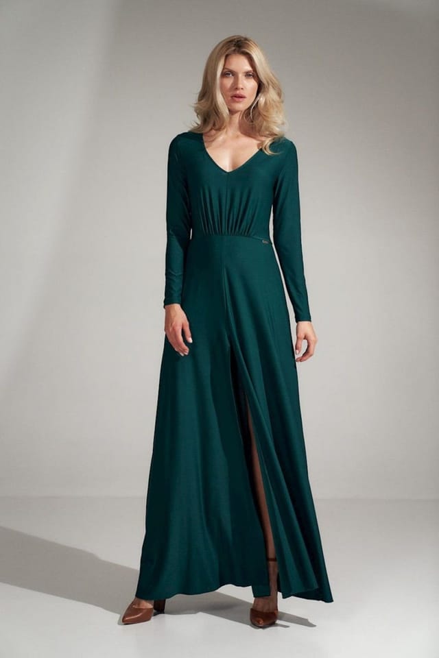 Love Lace Love Lace Women's Long Flared V Neck Pleated Waist Dress in Green - 2