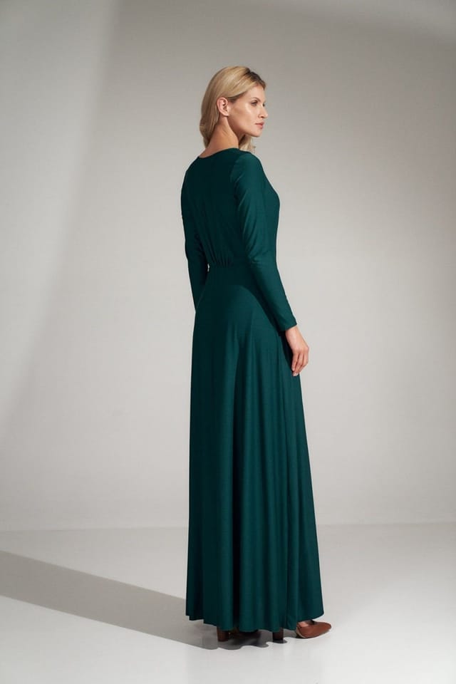 Love Lace Love Lace Women's Long Flared V Neck Pleated Waist Dress in Green - 3