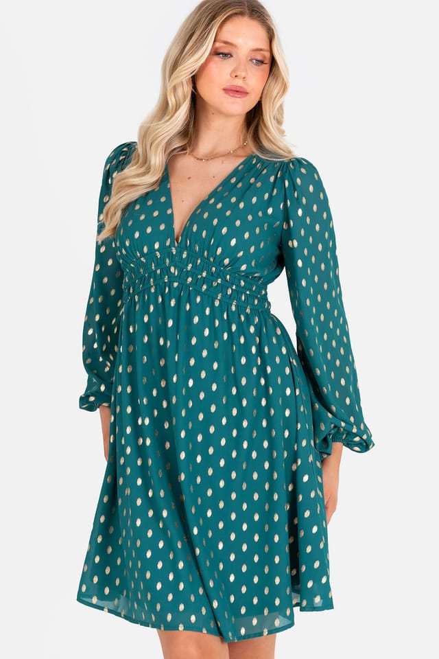 Lovedrobe Lovedrobe Women's Long Sleeve V Neck Mini Dress in Green - 2