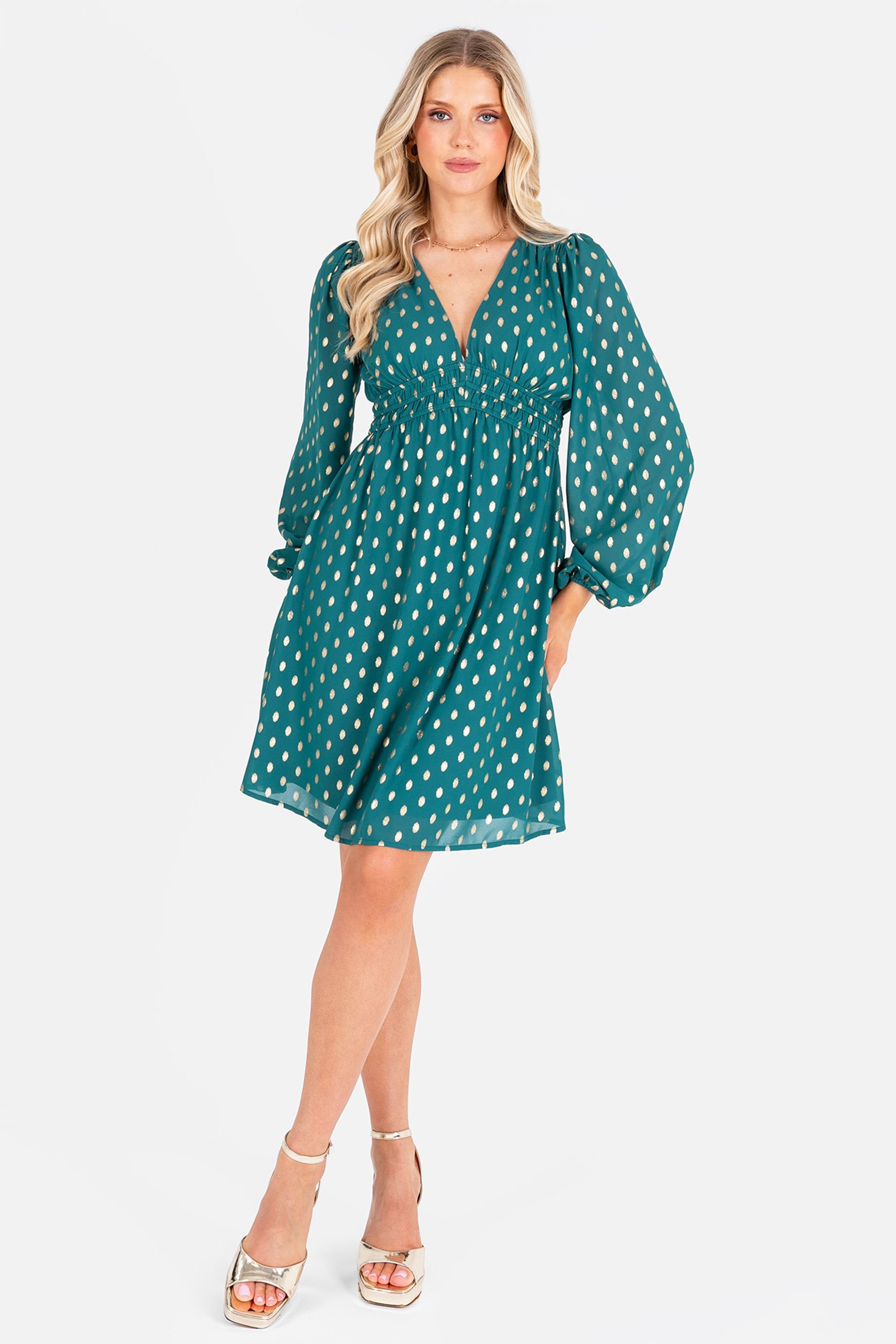 Lovedrobe Lovedrobe Women's Long Sleeve V Neck Mini Dress in Green - 3