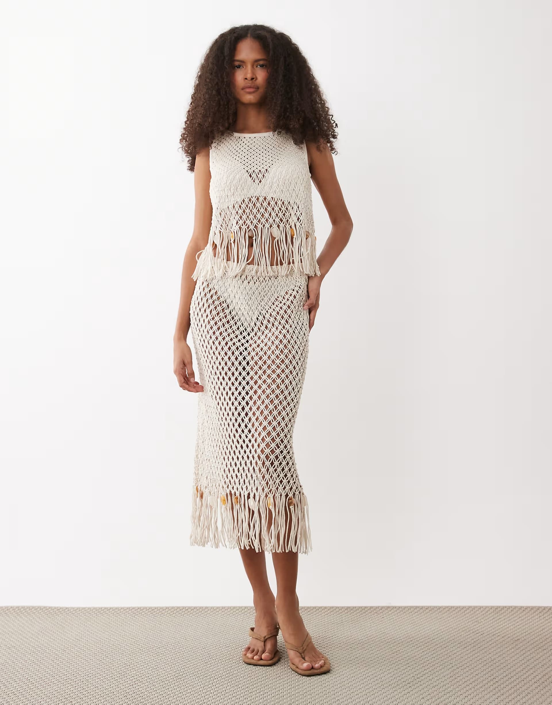 ASOS ASOS DESIGN crochet fringed beaded skirt in white