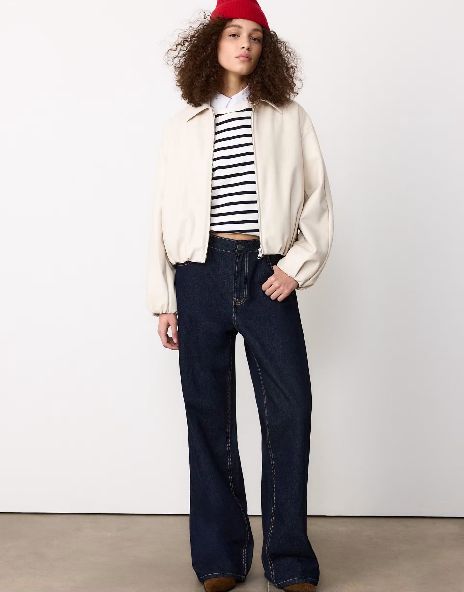 ASOS Stradivarius Faux leather quilted bomber jacket in ecru