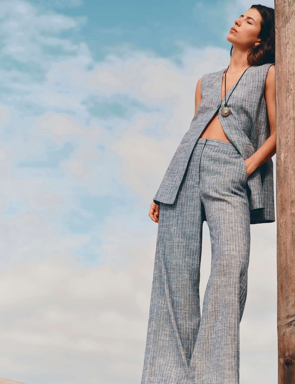 Marks & Spencer M&S Linen Blend Pinstripe Wide Leg Trousers Blue Mix