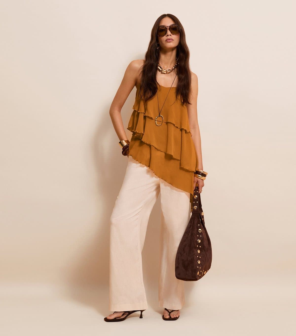 New Look Women's Burnt Orange Chiffon Asymmetric Ruffled Cami New Look