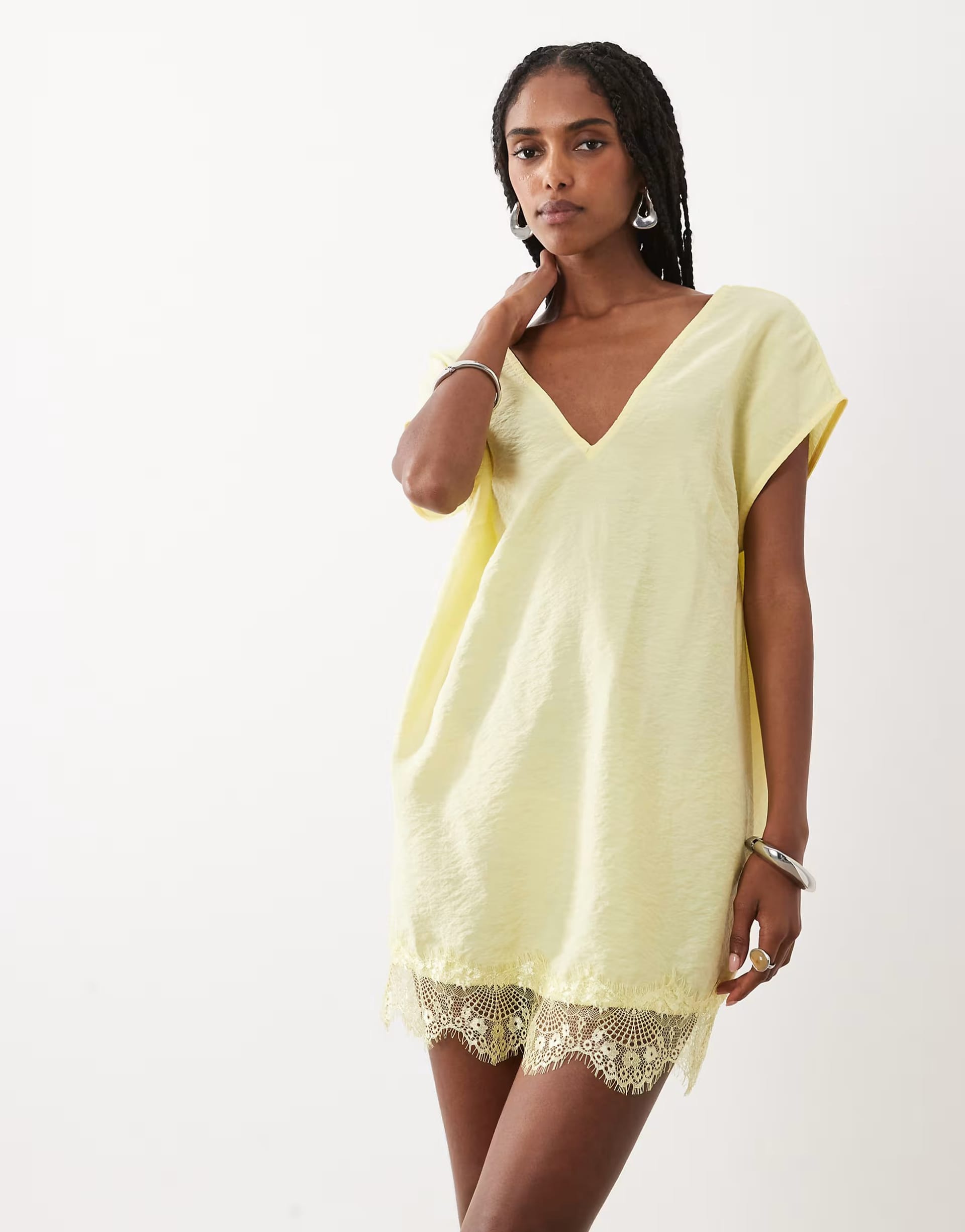 ASOS DESIGN Yellow V-Neck Shift Lace Crinkle Satin Mini Dress