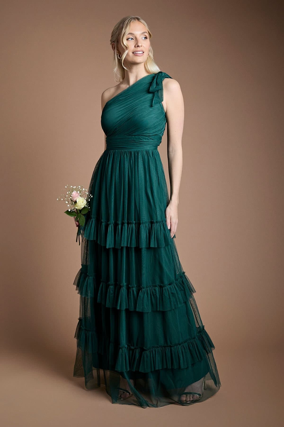 Oasis Oasis Women's Pleated Mesh One Shoulder Tiered Maxi Bridesmaid Maxi Dress in Emerald