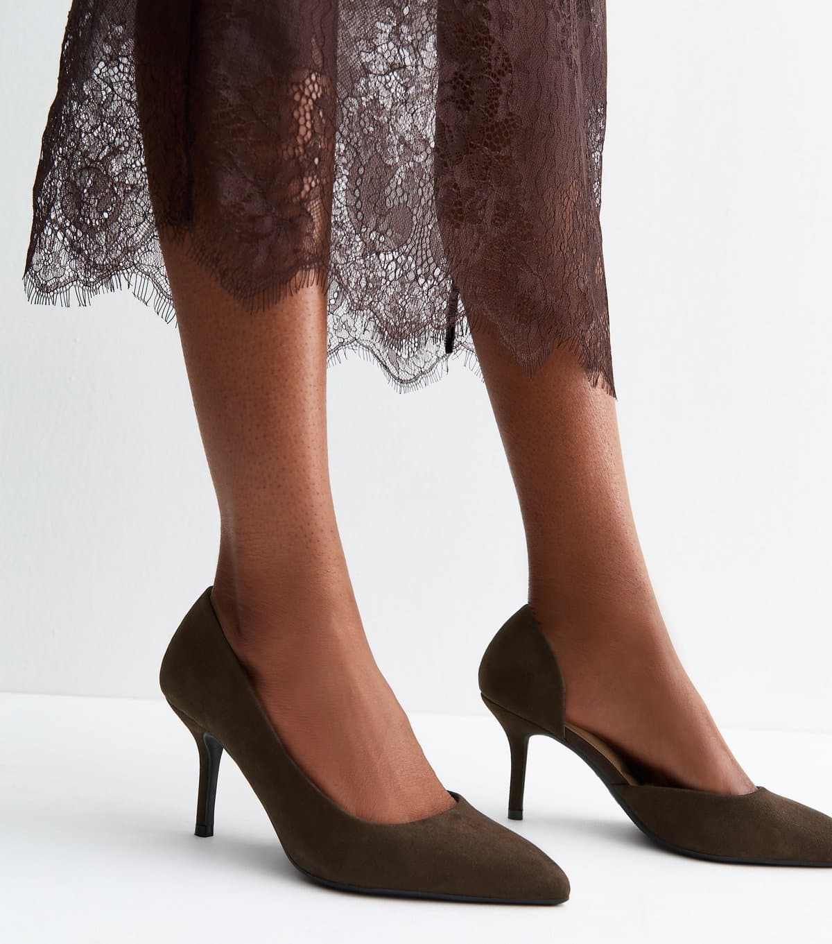New Look Women's Wide Fit Dark Brown Faux Suede D'Orsay Court Shoes Vegan New Look