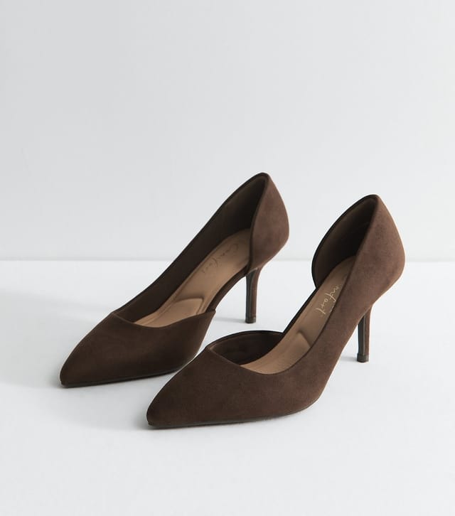 New Look Women's Wide Fit Dark Brown Faux Suede D'Orsay Court Shoes Vegan New Look - 2