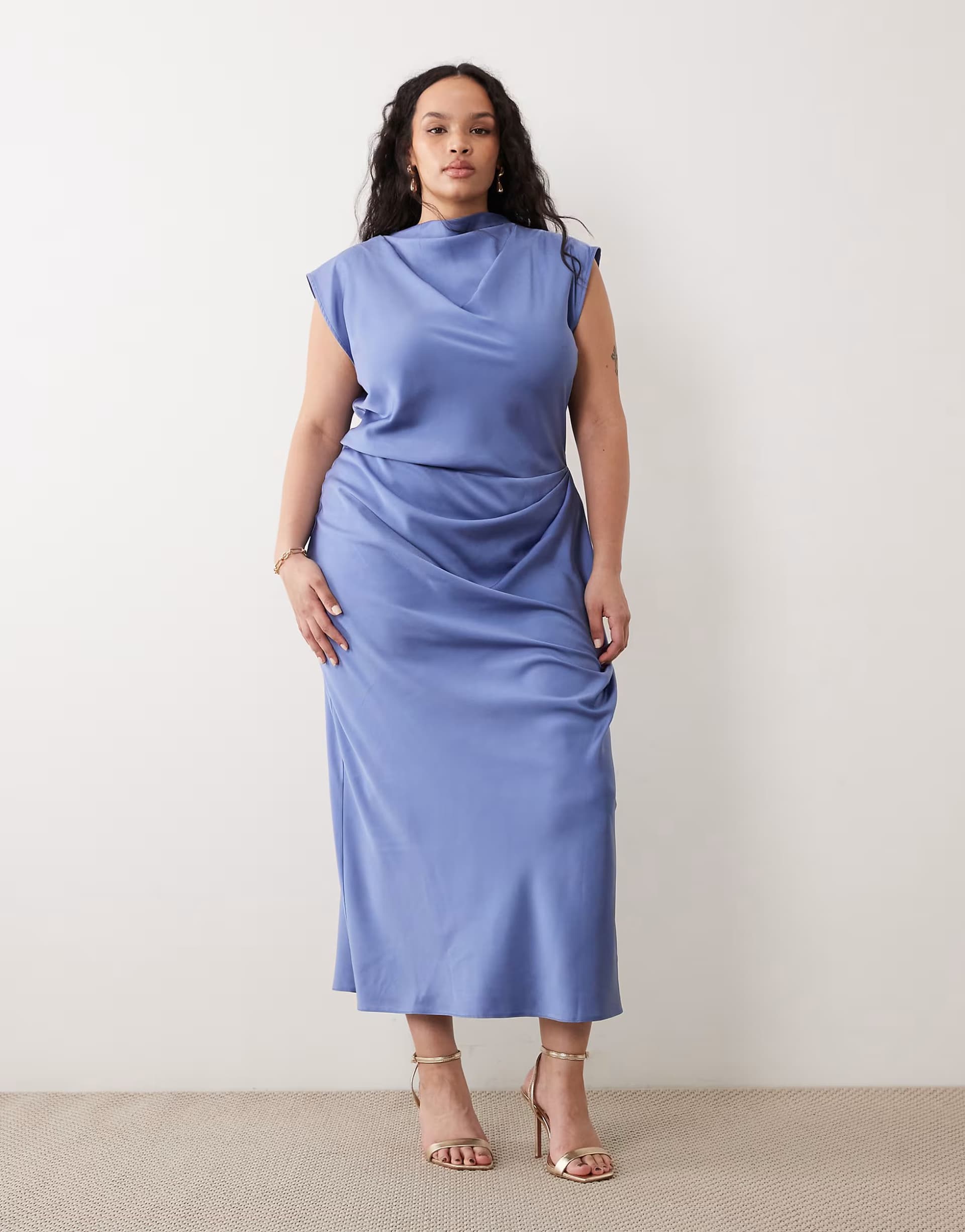 ASOS ASOS DESIGN Curve satin high neck pleated bodice midi dress in blue