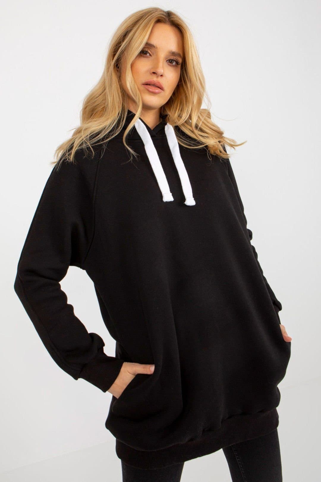 Love Lace Love Lace Women's Long Cotton Polyester Hoodie with Hidden Pockets in Black