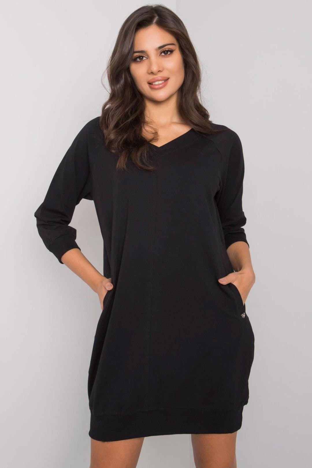 Love Lace Love Lace Women's Cotton Elastane V Neck Sweatshirt Dress in Black