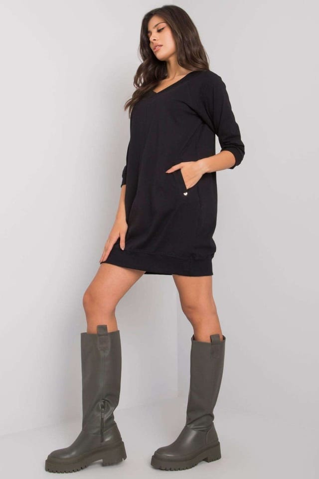 Love Lace Love Lace Women's Cotton Elastane V Neck Sweatshirt Dress in Black - 2