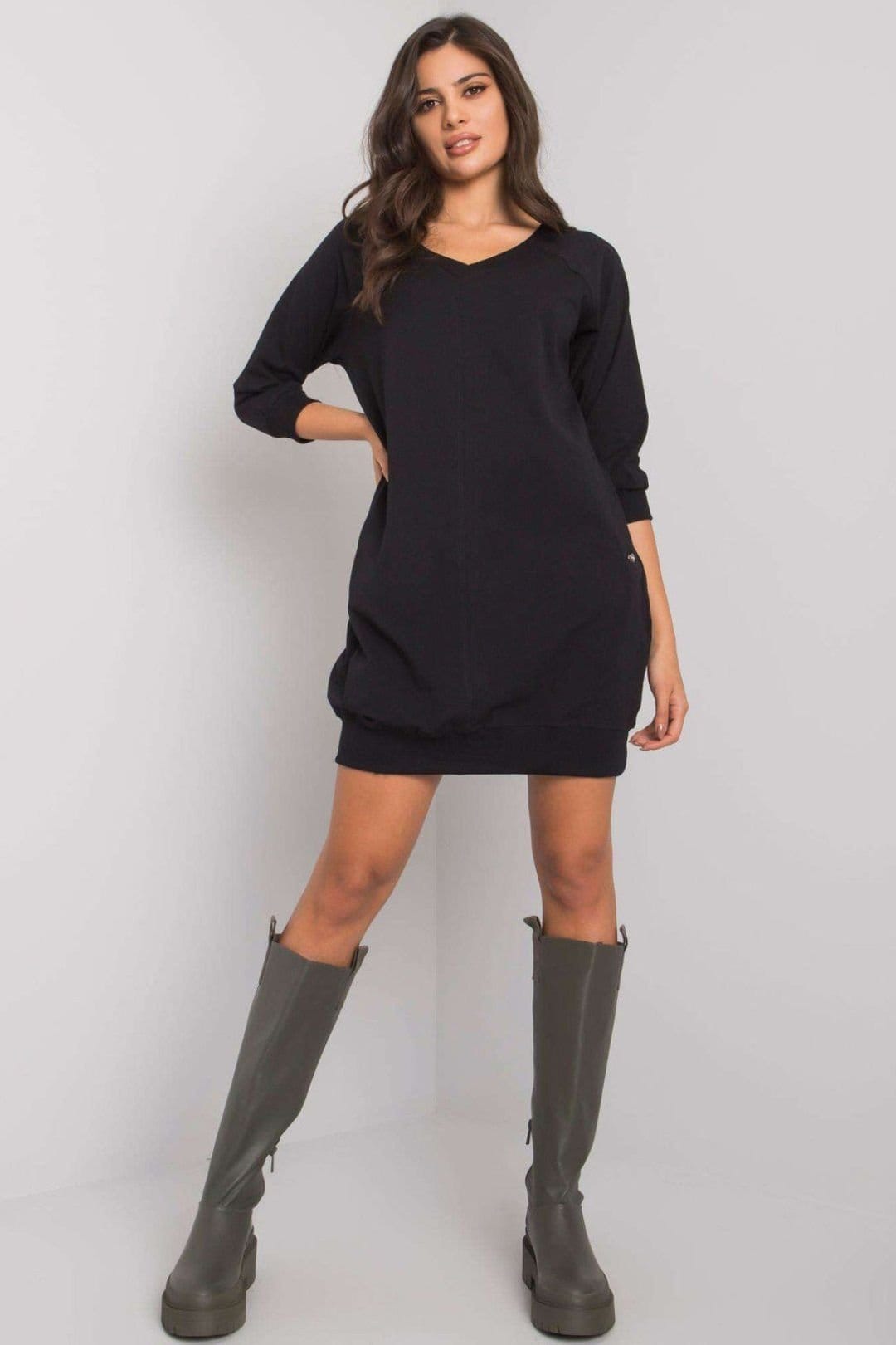 Love Lace Love Lace Women's Cotton Elastane V Neck Sweatshirt Dress in Black - 4