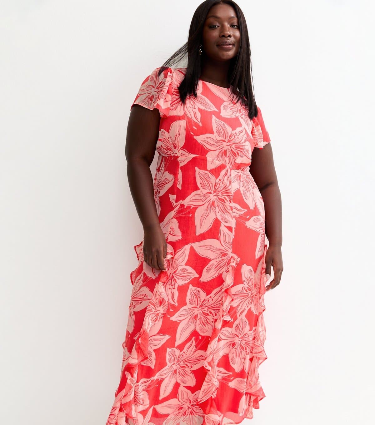 New Look Women's Plus Size Bright Pink Orchid Chiffon Midi Dress Curves New Look