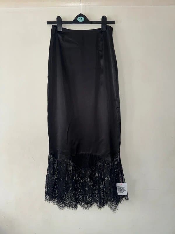 Topshop Topshop black satin maxi skirt with lace hem size 8