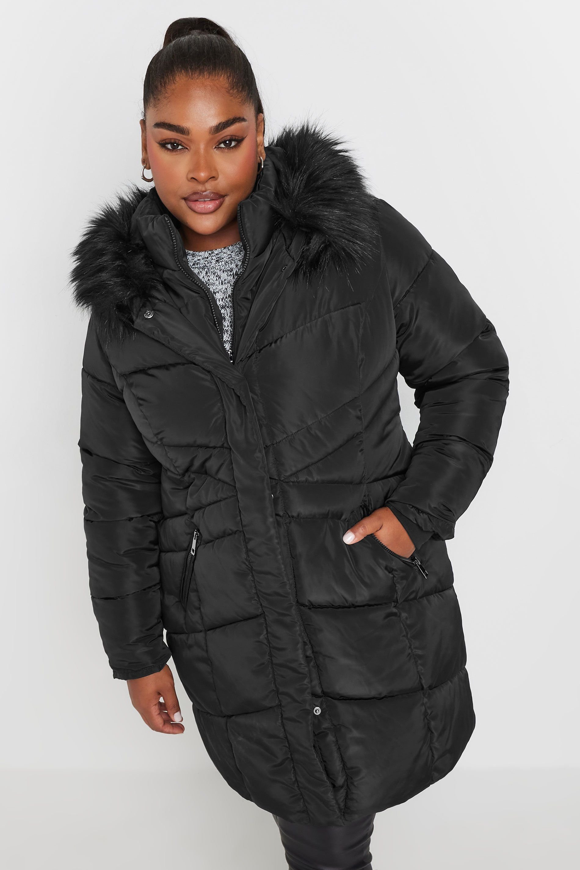 Yours Yours Women's Faux Fur Trim Puffer Coat in Black - 3