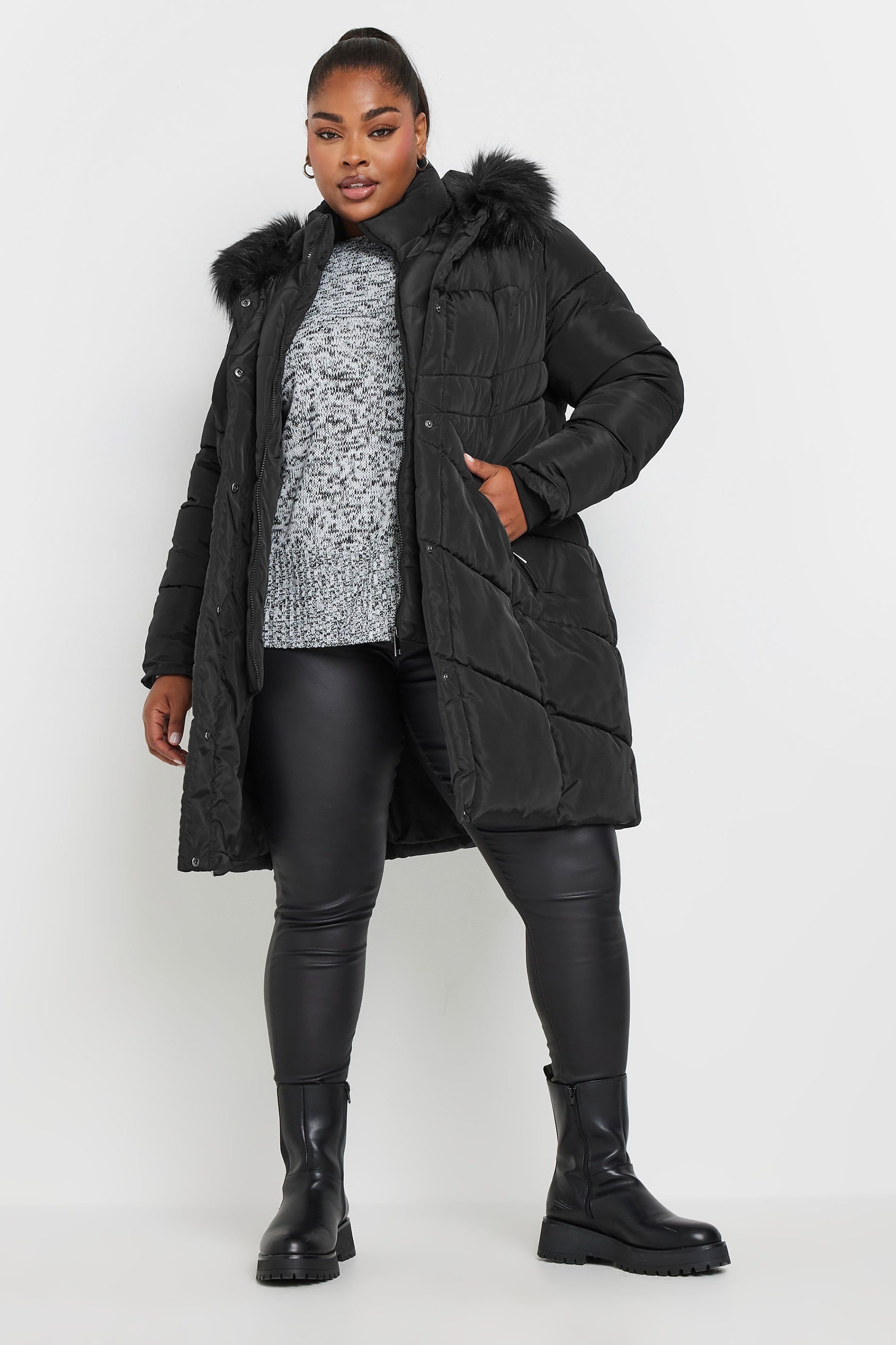 Yours Yours Women's Faux Fur Trim Puffer Coat in Black - 4