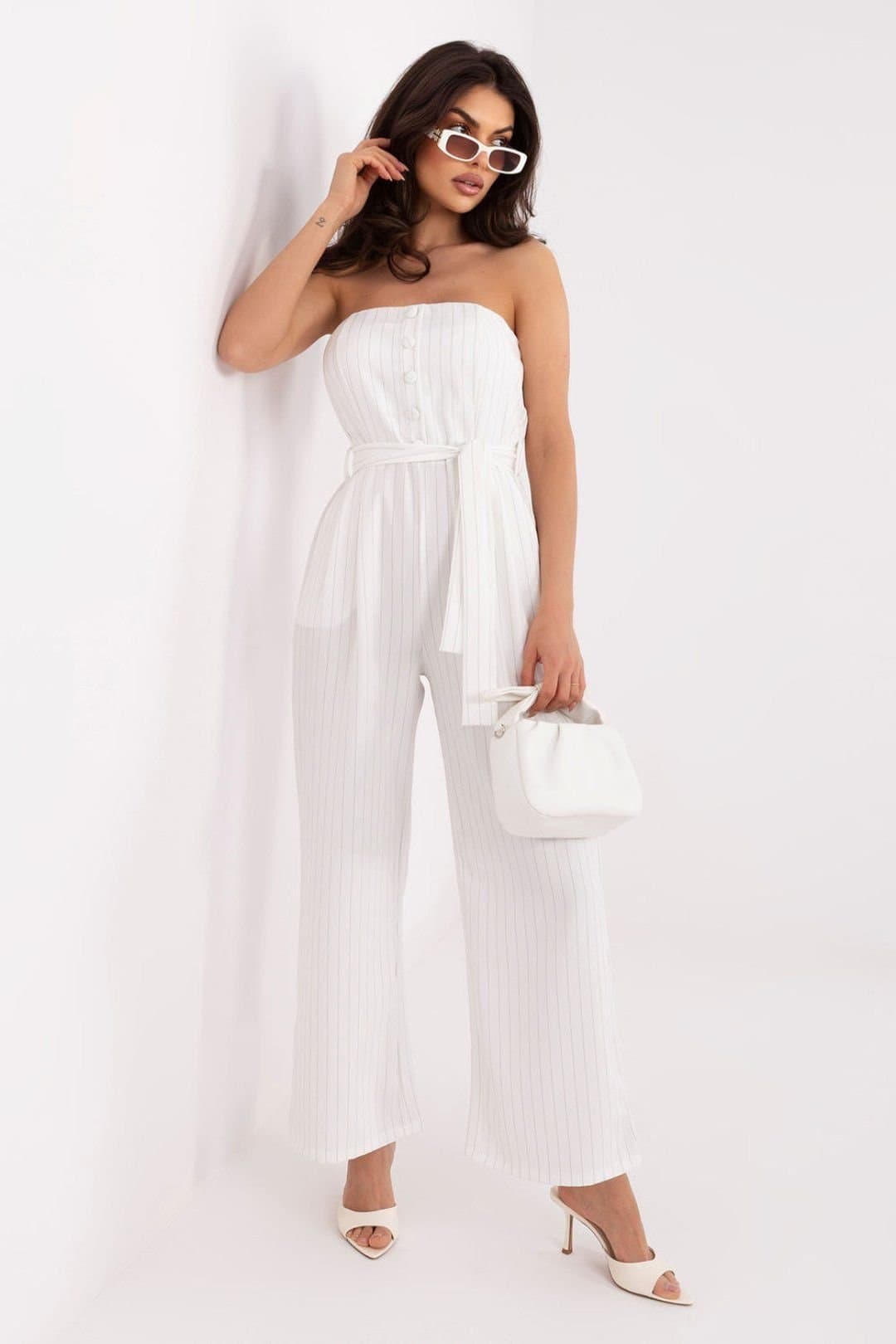 Love Lace Love Lace Women's Striped Sash Tie Wide Leg Jumpsuit in White