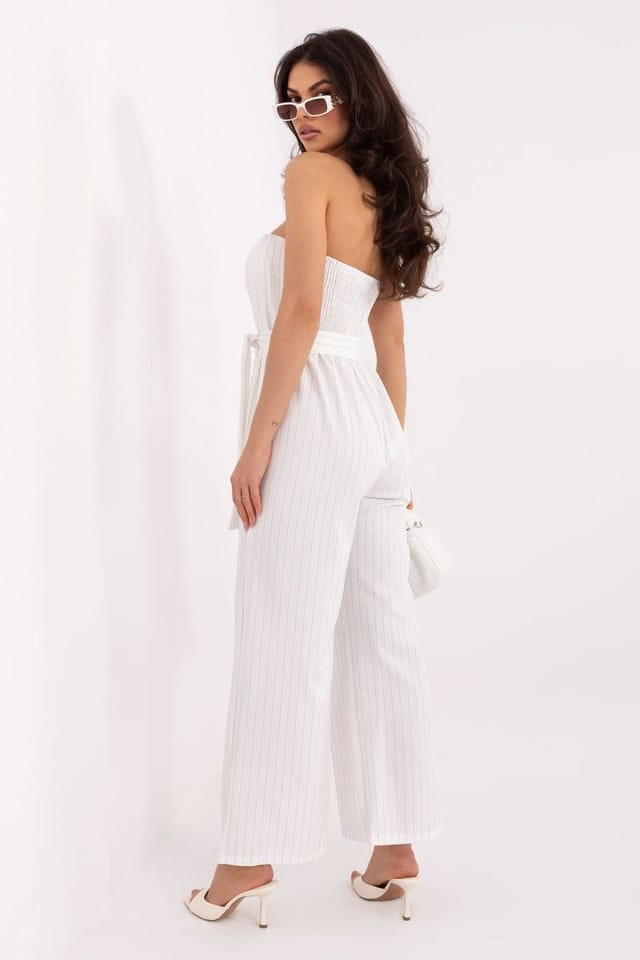Love Lace Love Lace Women's Striped Sash Tie Wide Leg Jumpsuit in White - 3