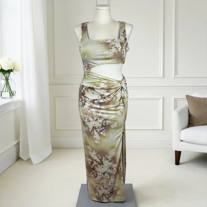 ASOS Design UK 16-18 ASOS Design Slinky Square Neck Cut Out Sarong Maxi Dress Yellow Floral - 1