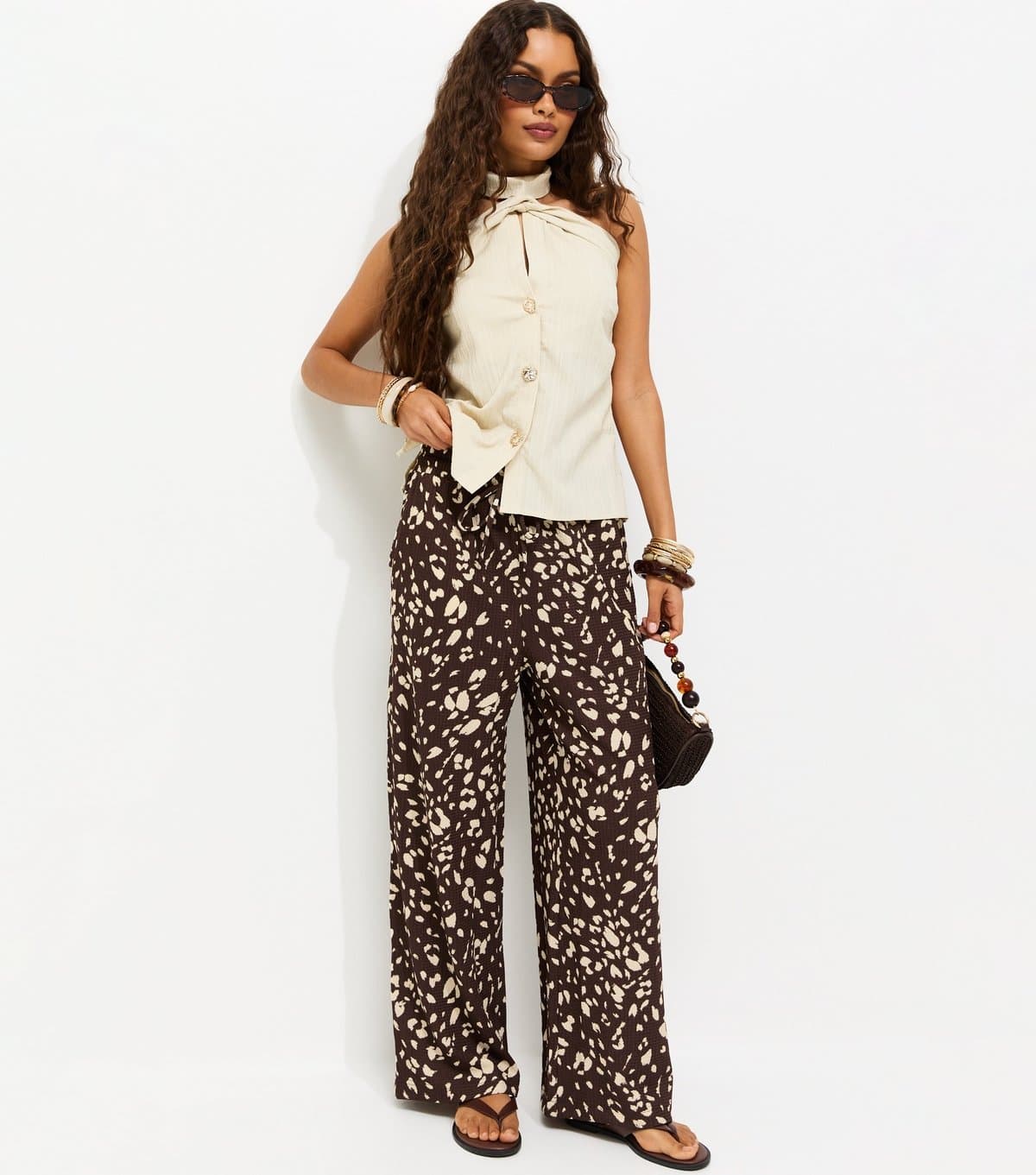 New Look Women's Petite Brown Animal Print Crinkle Wide Leg Trousers New Look