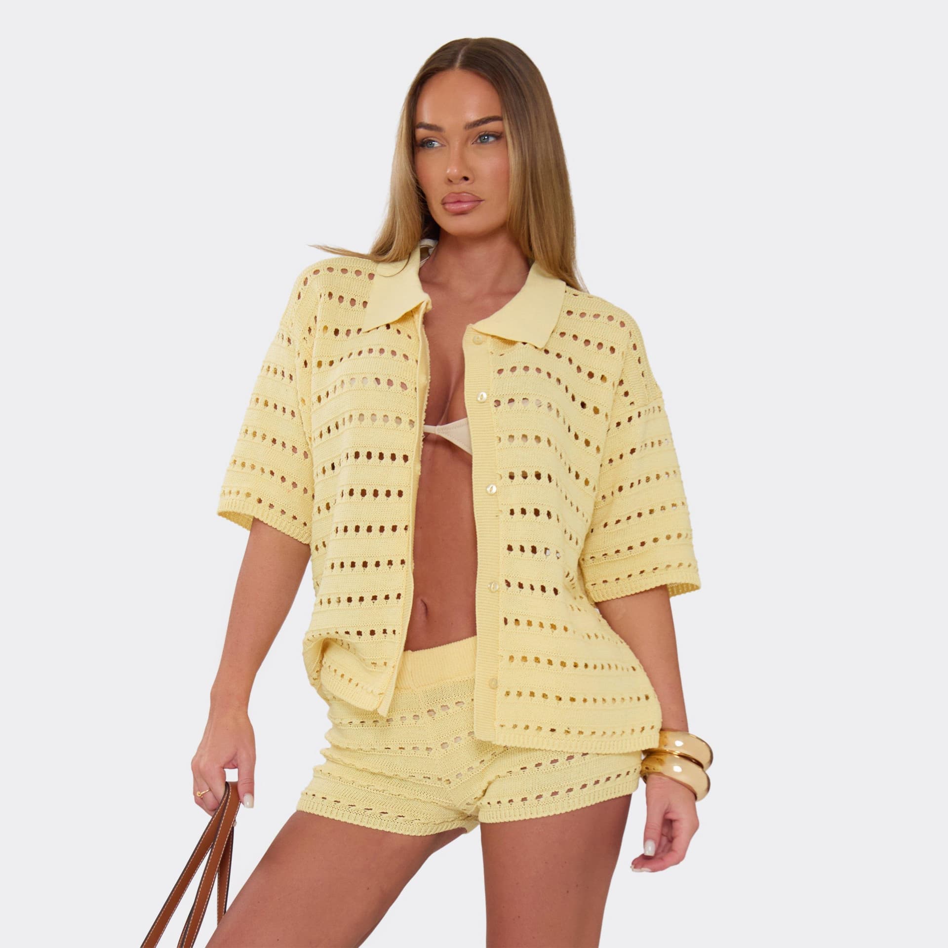 EGO Short Sleeve Button Up Shirt In Lemon Crochet Knit, Women's Size UK L