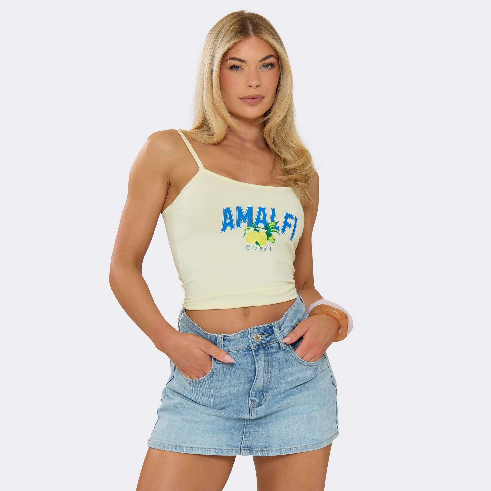 EGO Strappy Amalfi Graphic Print Vest Top In Lemon, Women's Size UK 6