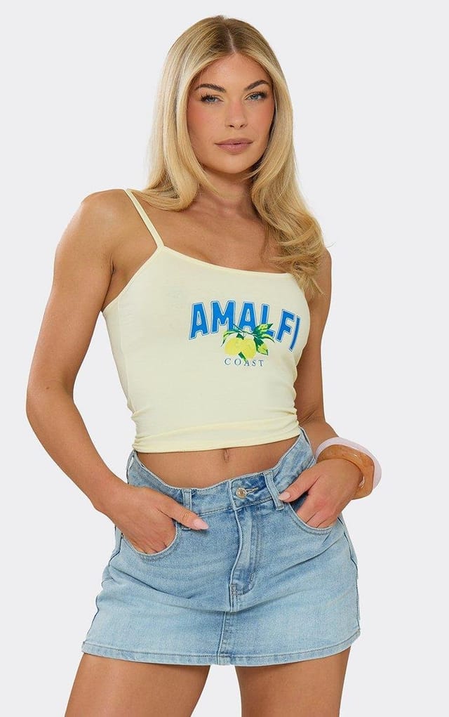 EGO Strappy Amalfi Graphic Print Vest Top In Lemon, Women's Size UK 6 - 2