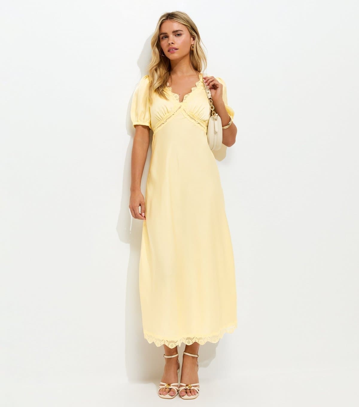 New Look Women's Petite Yellow Lace Trimmed Satin Midi Dress New Look