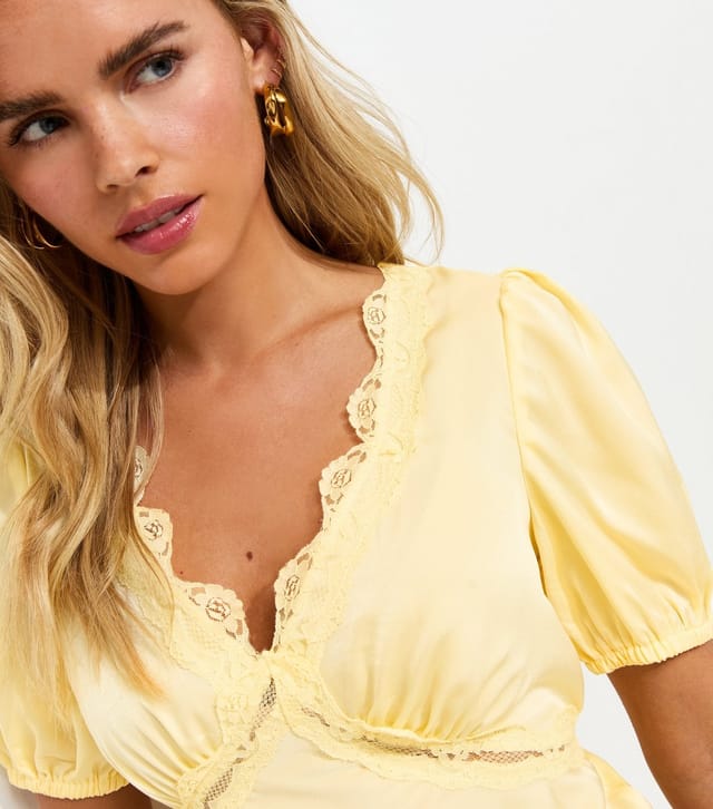 New Look Women's Petite Yellow Lace Trimmed Satin Midi Dress New Look - 2