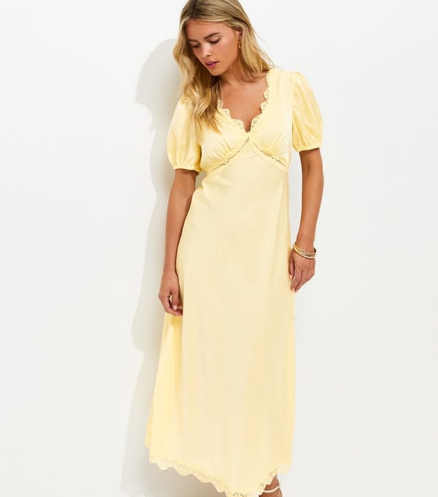 New Look Women's Petite Yellow Lace Trimmed Satin Midi Dress New Look - 3