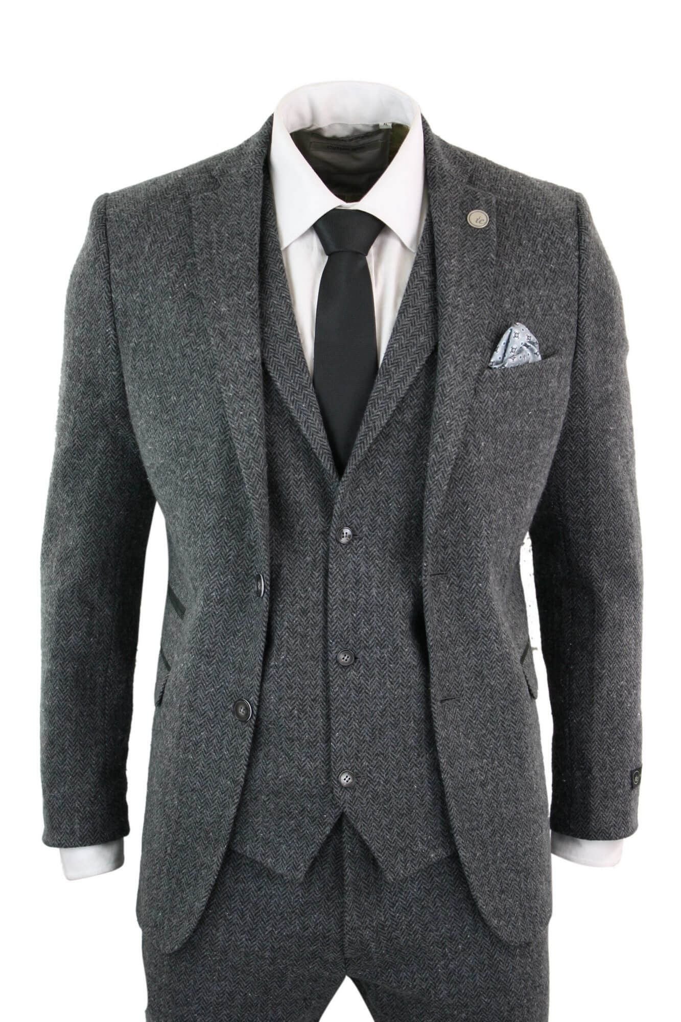 TruClothing TruClothing Men's stz11 3 Piece Tweed Suit Herringbone in Charcoal - 3