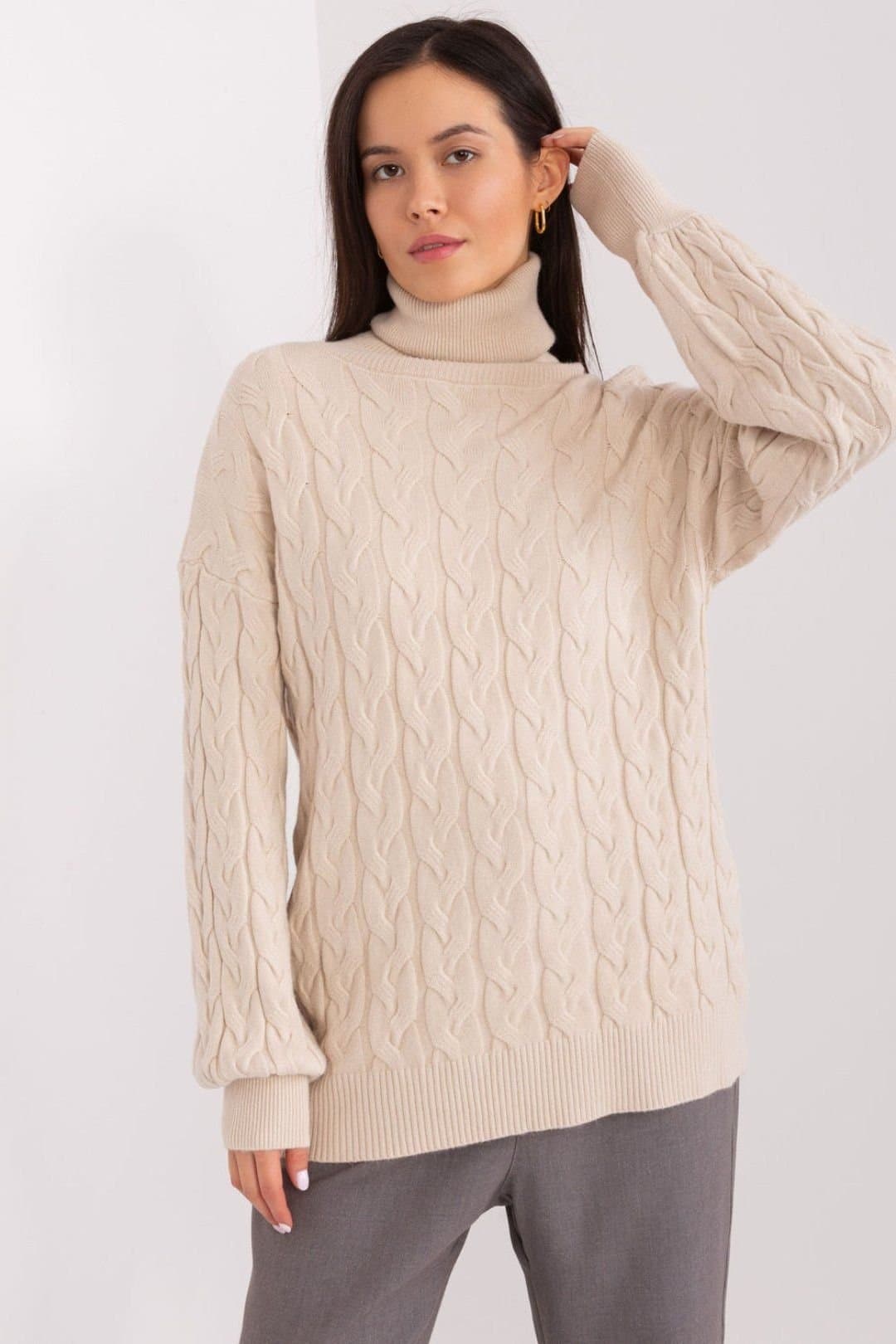 Love Lace Love Lace Women's Plaid Variegated Turtleneck Long Sleeve Sweater in Beige