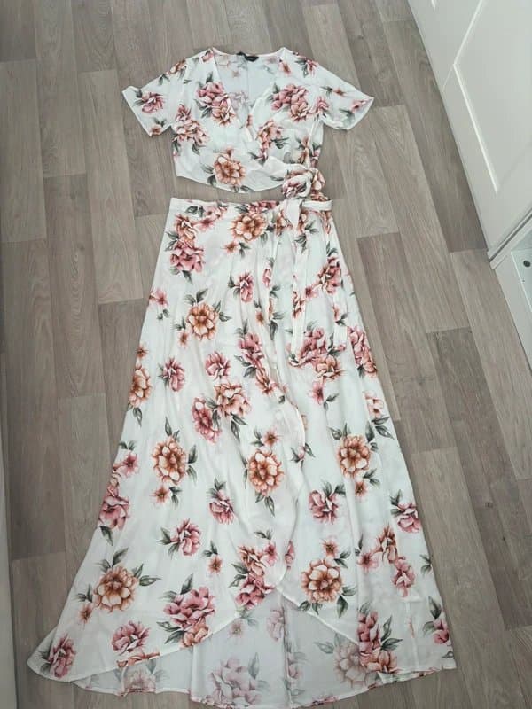 New Look New look Floral Co-Ord Set UK 10 White Pink Wrap Crop Top & Maxi Wrap Skirt Wedding Guest Summer