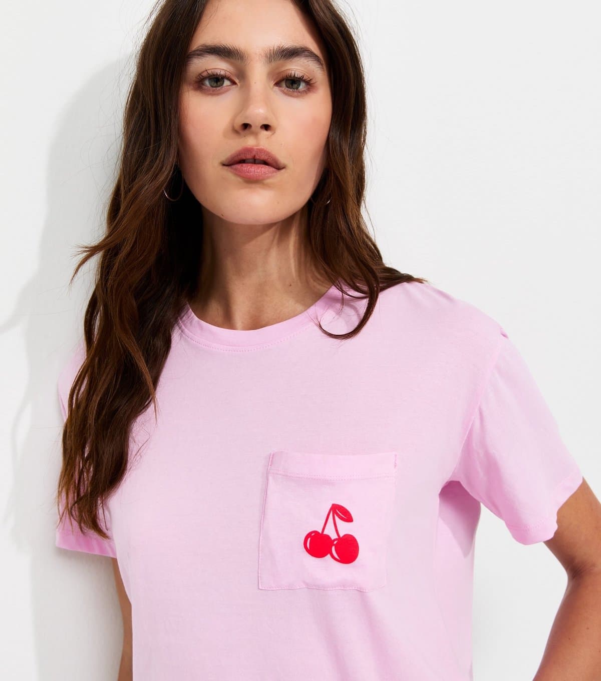 New Look Women's Light Pink Cotton Cherry Pocket Oversized T-Shirt New Look