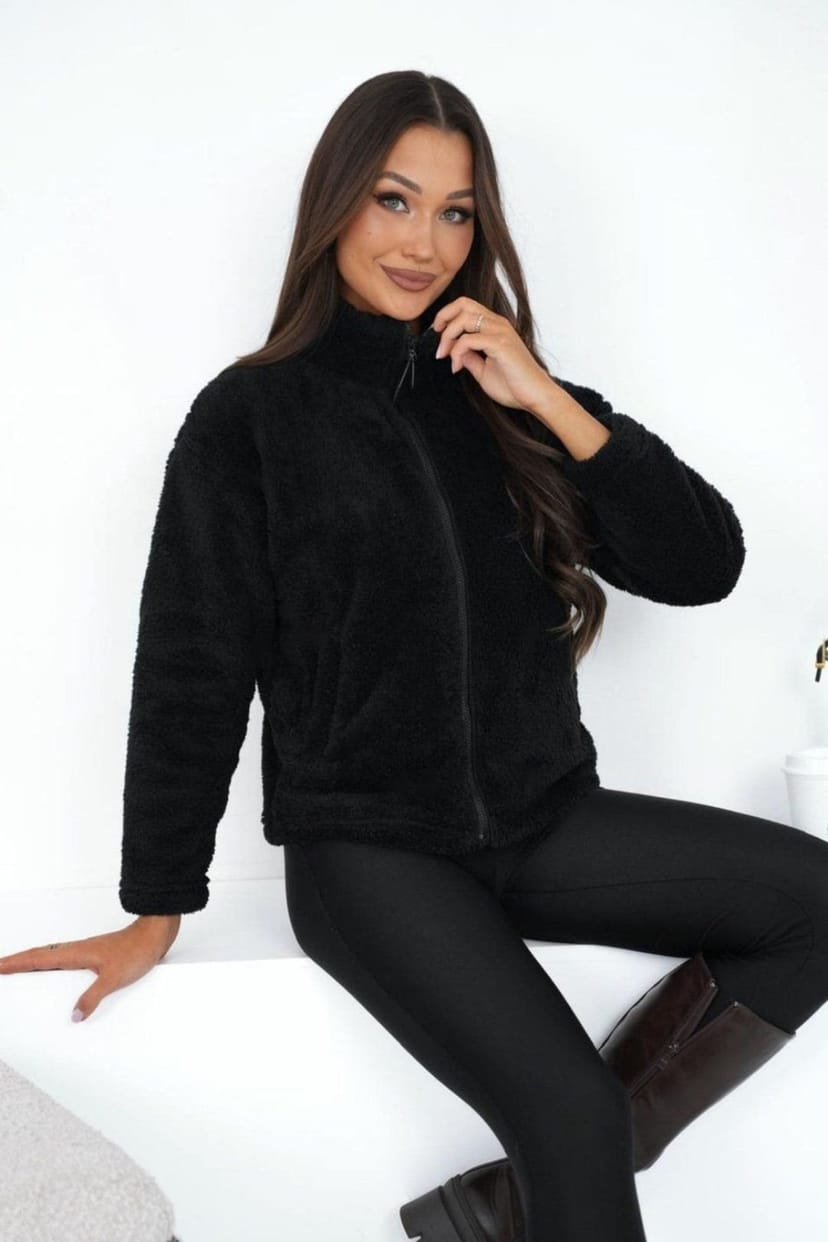 Love Lace Love Lace Women's Teddy Bear Zip Up Stand Collar Sweatshirt in Black - 1