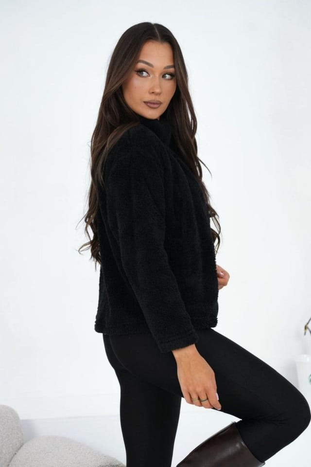 Love Lace Love Lace Women's Teddy Bear Zip Up Stand Collar Sweatshirt in Black - 3