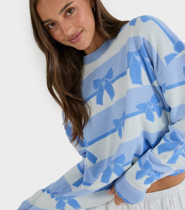 Skinnydip Women's Light Blue Bow Pattern Crew Neck Jumper Skinnydip New Look - 3