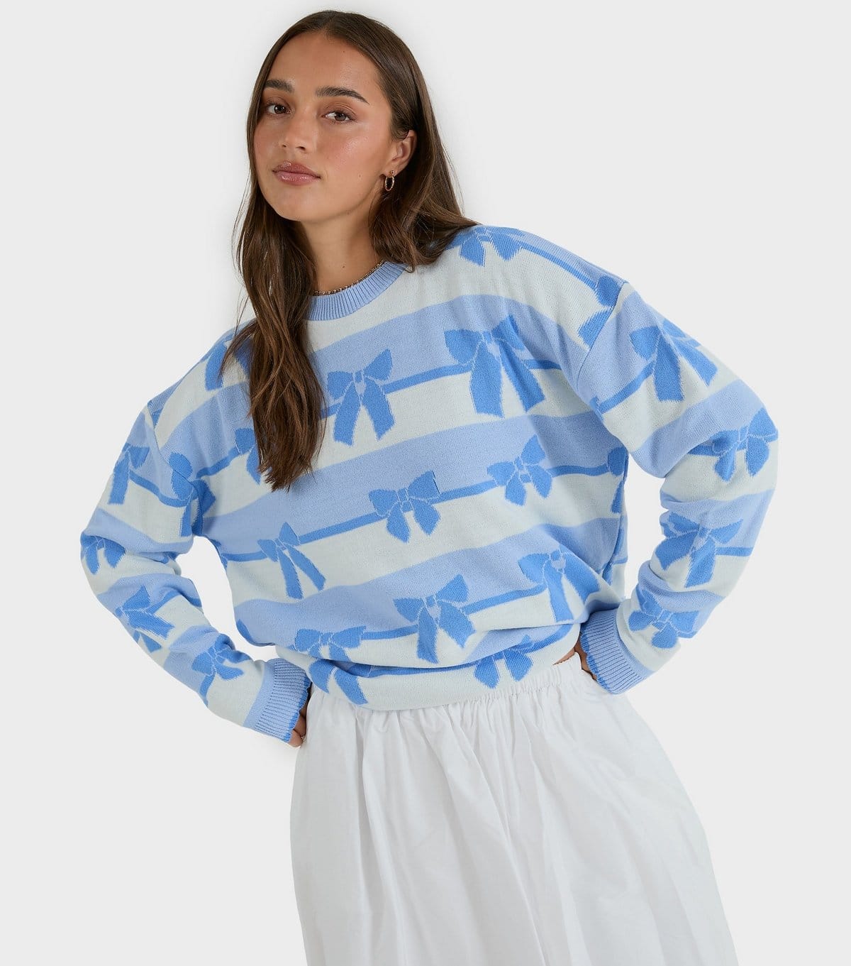 Skinnydip Women's Light Blue Bow Pattern Crew Neck Jumper Skinnydip New Look - 4