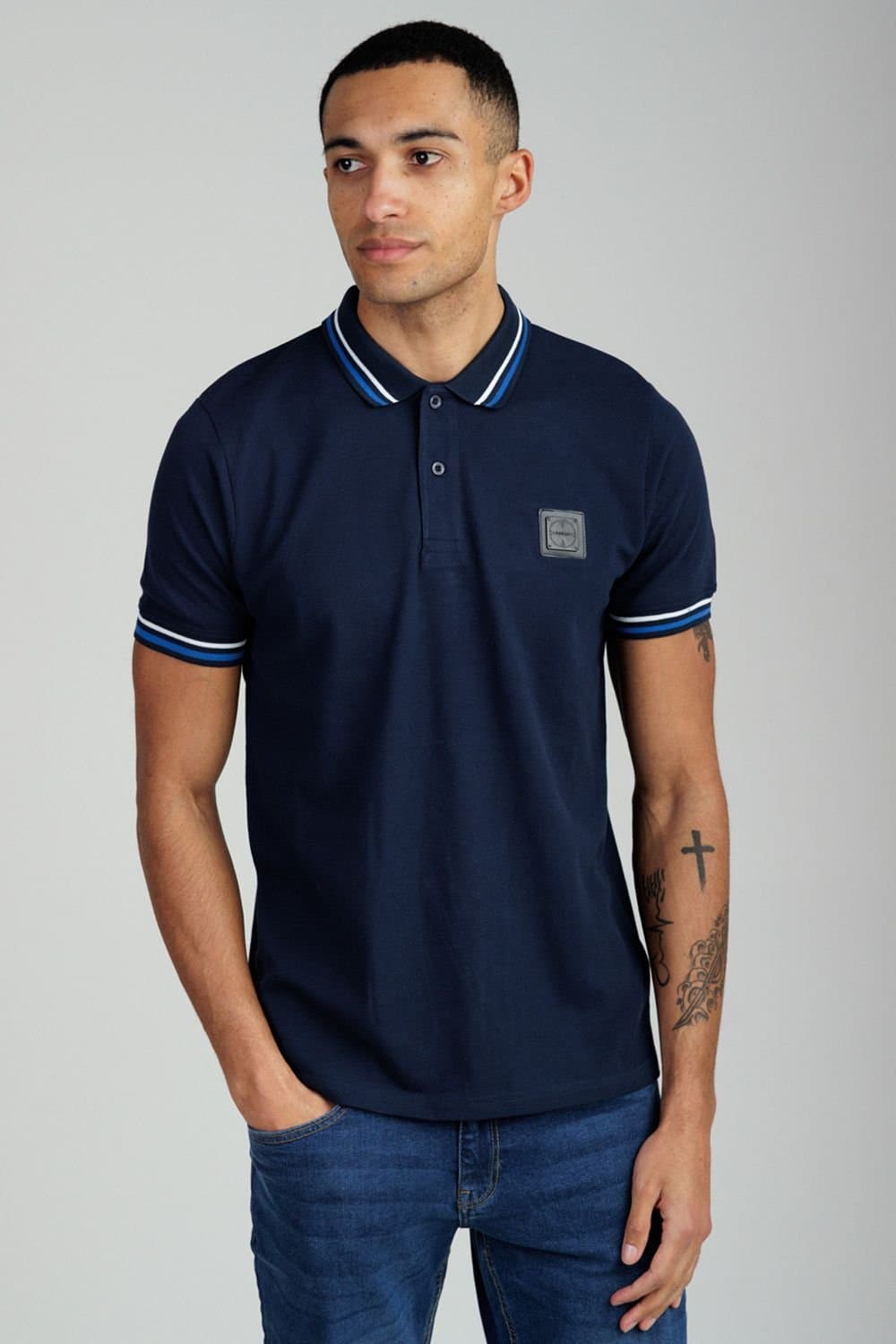 Foray Foray Men's Short Sleeve Cotton Pique Tipped Polo Shirt in Navy