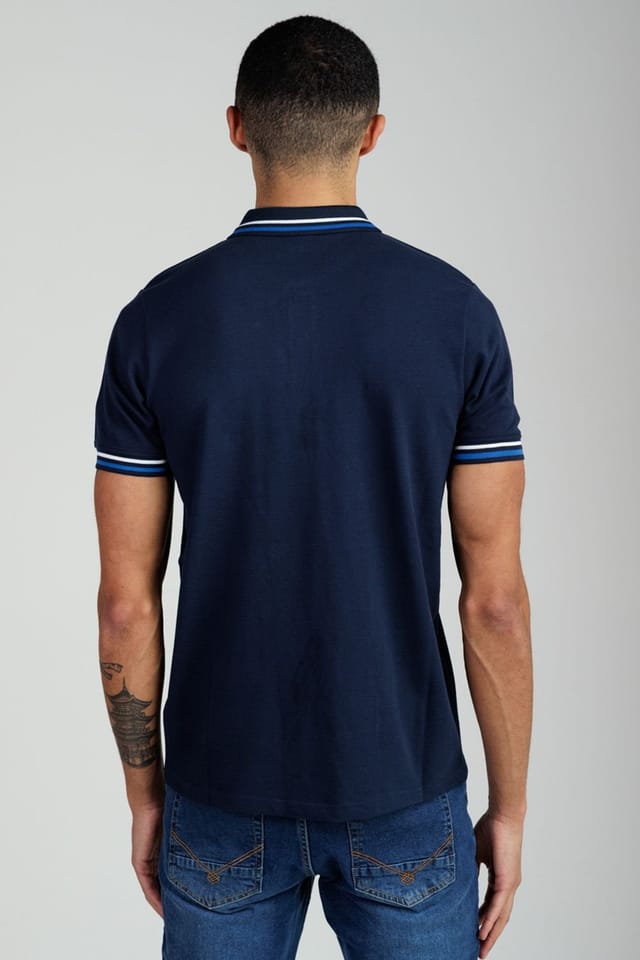 Foray Foray Men's Short Sleeve Cotton Pique Tipped Polo Shirt in Navy - 2