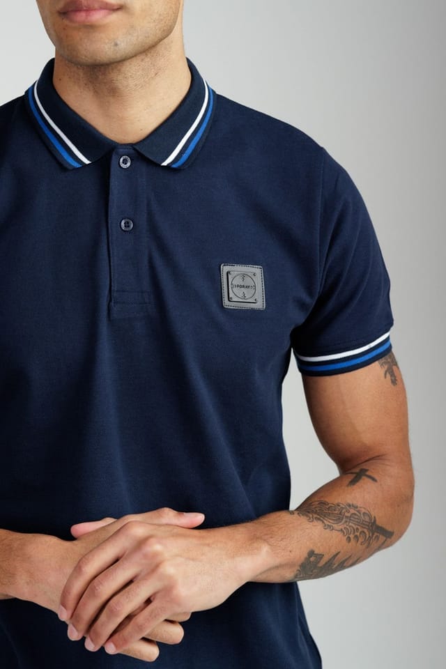 Foray Foray Men's Short Sleeve Cotton Pique Tipped Polo Shirt in Navy - 3
