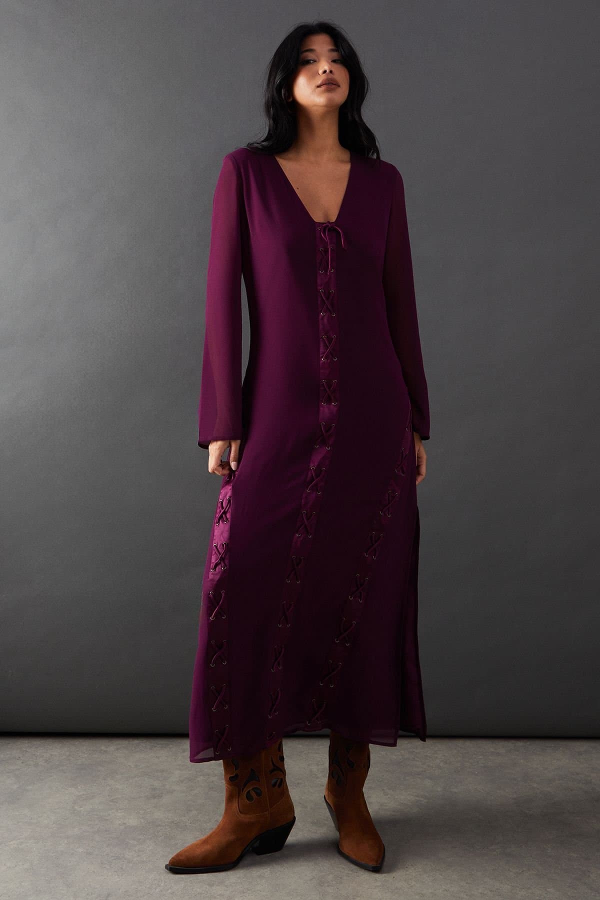 Warehouse Warehouse Women's Chiffon Lace Up Panelling Midi Dress in Purple
