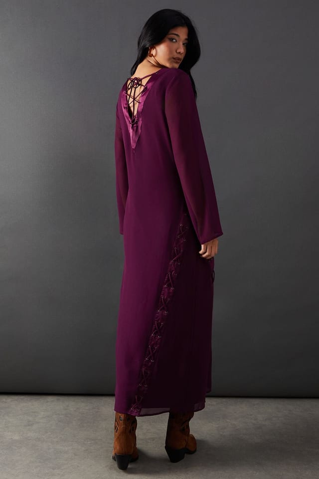 Warehouse Warehouse Women's Chiffon Lace Up Panelling Midi Dress in Purple - 3