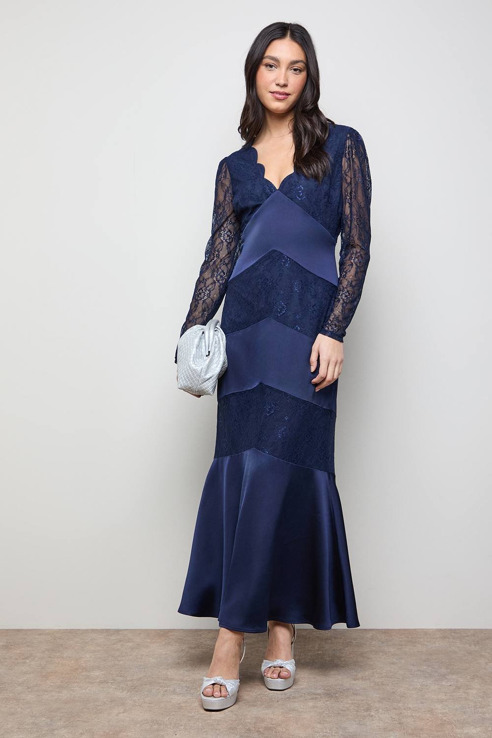 Oasis Oasis Women's Satin Lace Mix V Neck Maxi Dress in Navy - 2