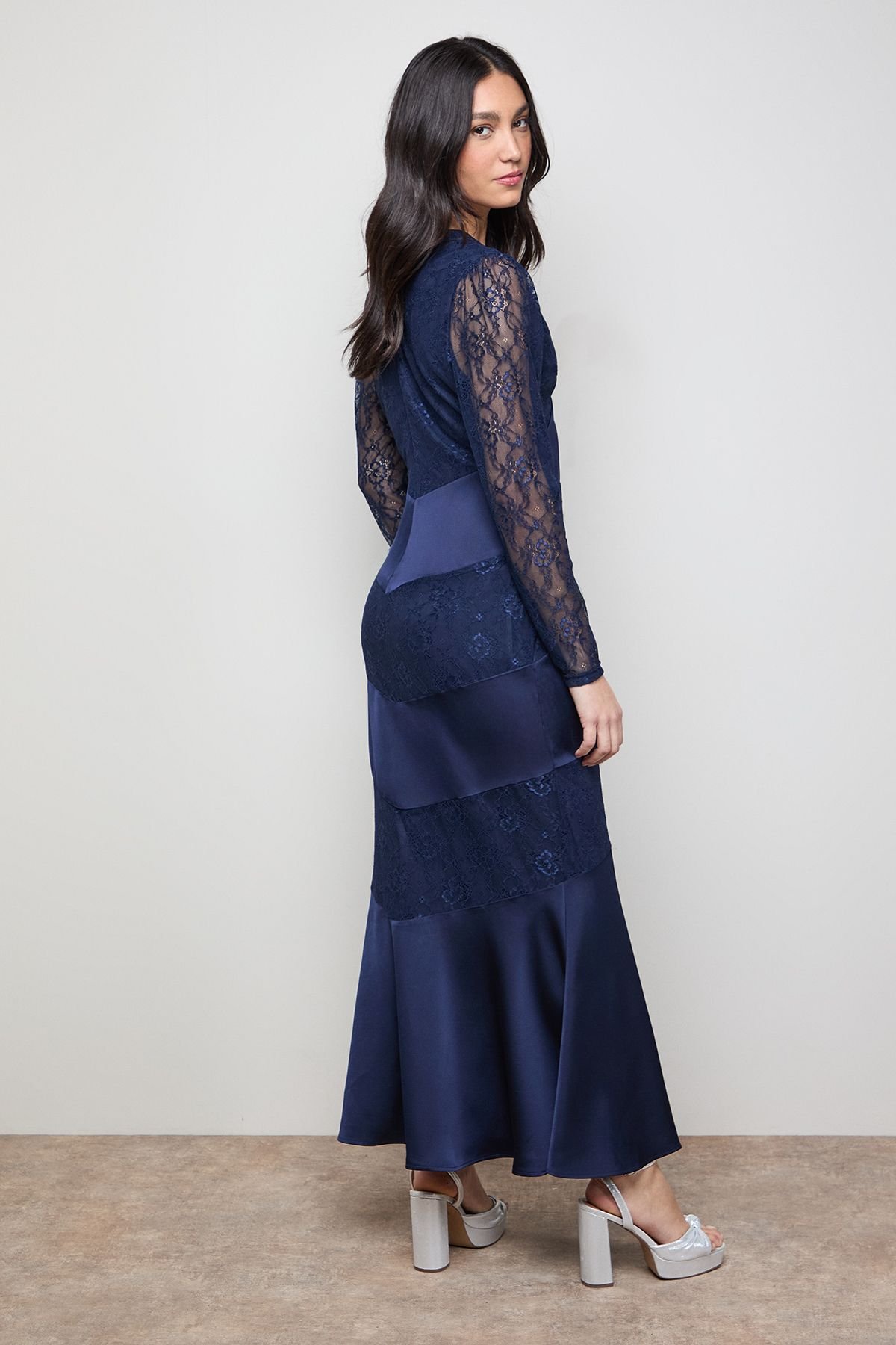 Oasis Oasis Women's Satin Lace Mix V Neck Maxi Dress in Navy - 3